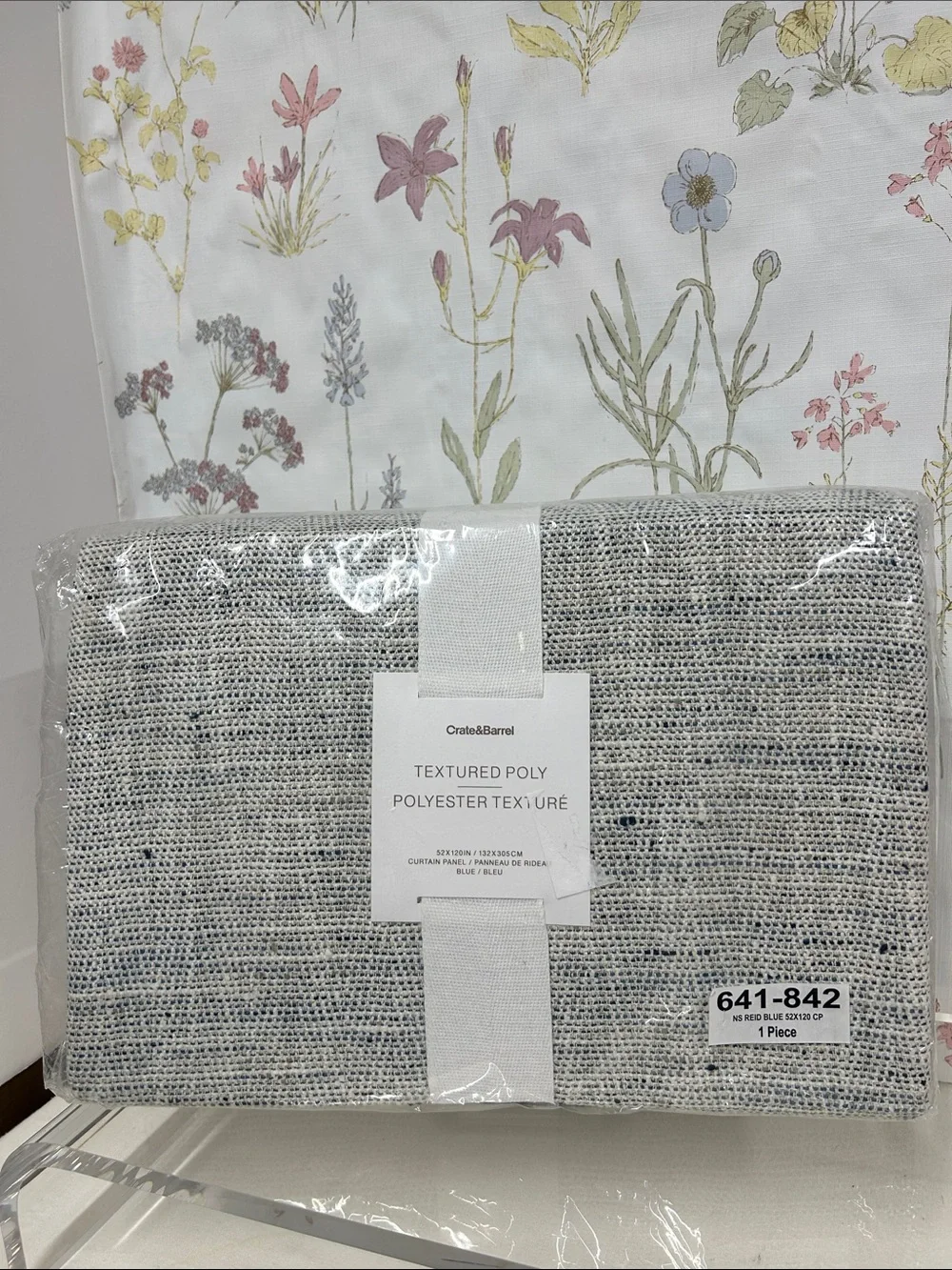 Crate&Barrel Textured Poly Curtain Panel - Light Gray with Navy Speckles